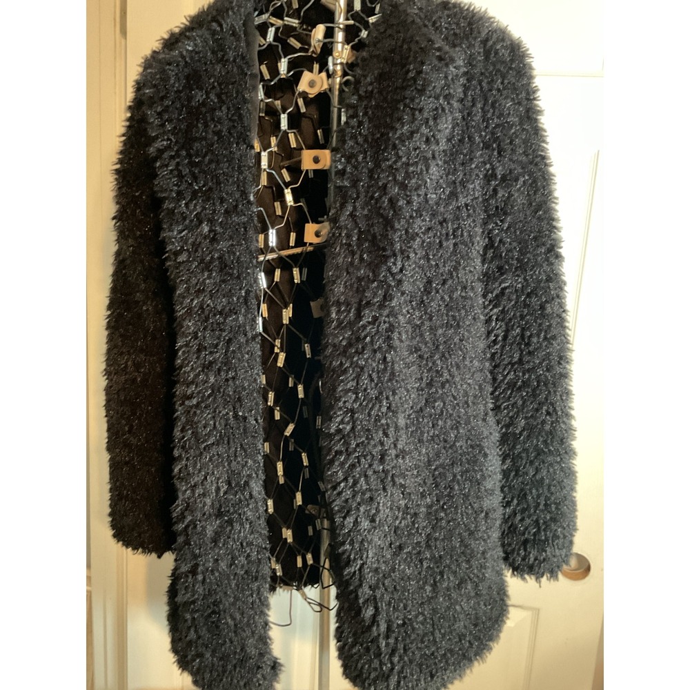 Windsor Black Shaggy Faux Fur Open Front Jacket Coat XA17265 Small